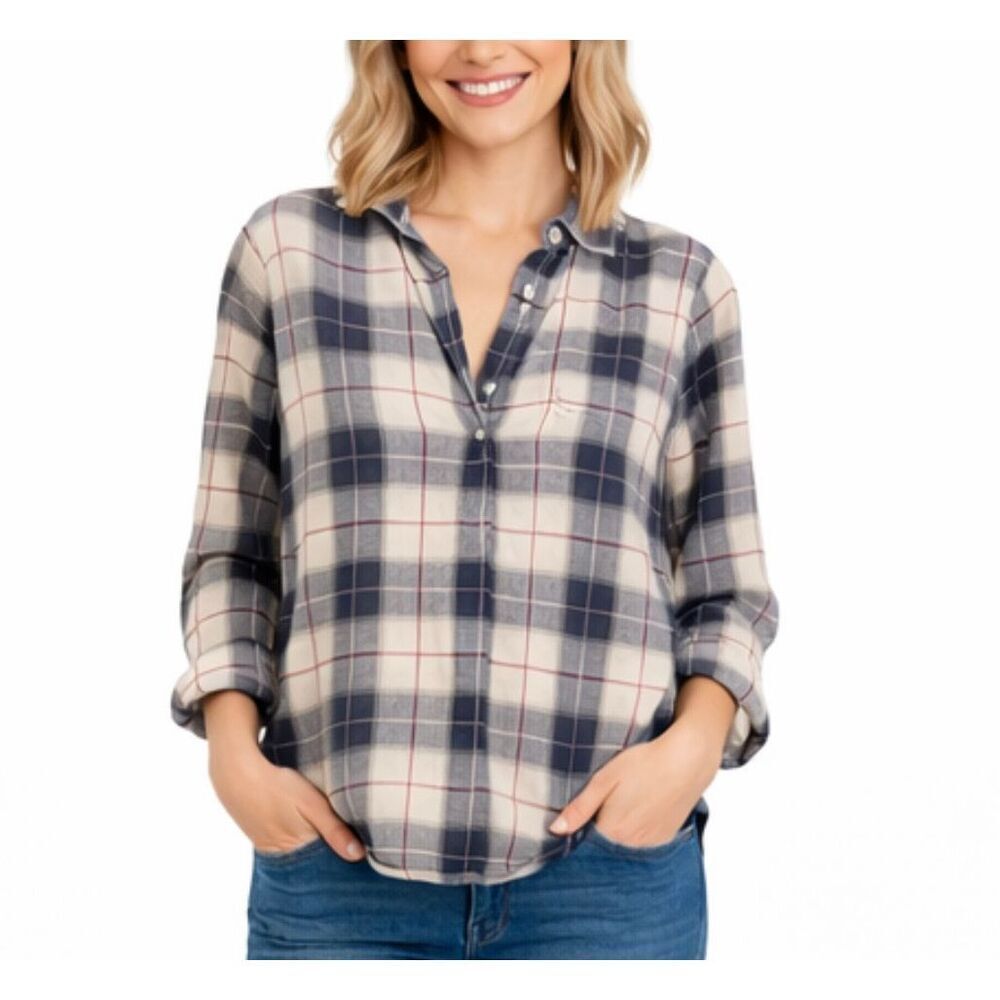 J.crew cotton boyfit plaid popover blouse size small petite